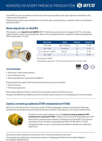 ARCO - nowe złączki do rur AluPEX