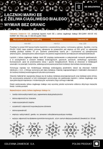 Odlewnia Zawiercie - łączniki marki EE z żeliwa ciągliwego białego