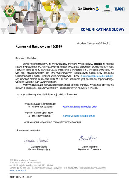 De Dietrich – 300 zł netto za montaż kotłów z typoszeregu MCR3 Plus