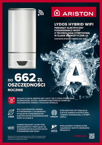 Ariston: LYDOS HYBRID WIFI PIERWSZY ELEKTRYCZNY PODGRZEWACZ WODY
