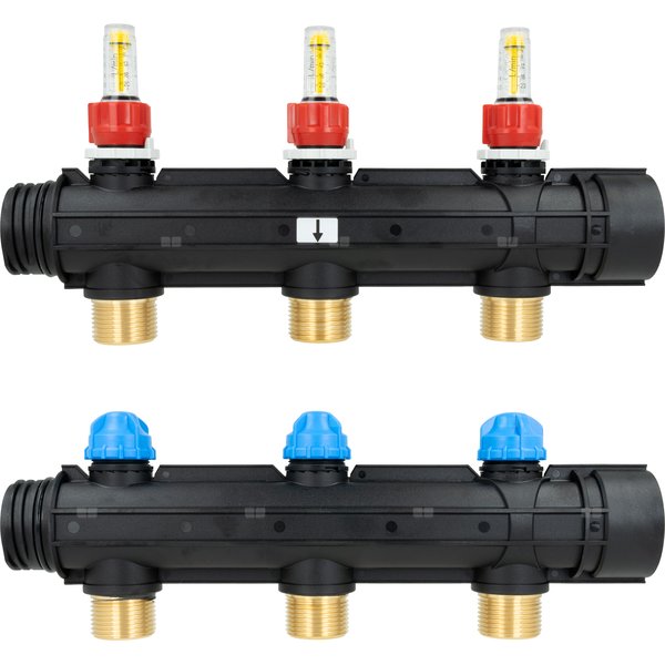 Trzy obiegi rozdzielacza ProCalida IN 1 1/2'', rozstaw 100 mm, G1'', rotametry 4÷20 l/min