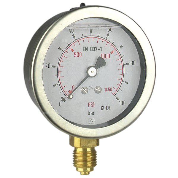 Manometr z rurką Bourdona AFRISO RF wstrząsoodporny -1/1,5 bar G1/2B aksjalne fi 100 mm, kl. 1.6%