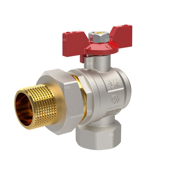 Zawór kulowy SENA VA30 kątowy Ni-free, 3/4GW x 1GZ, z półśrubunkiem 3/4, pokrętło motylkowe