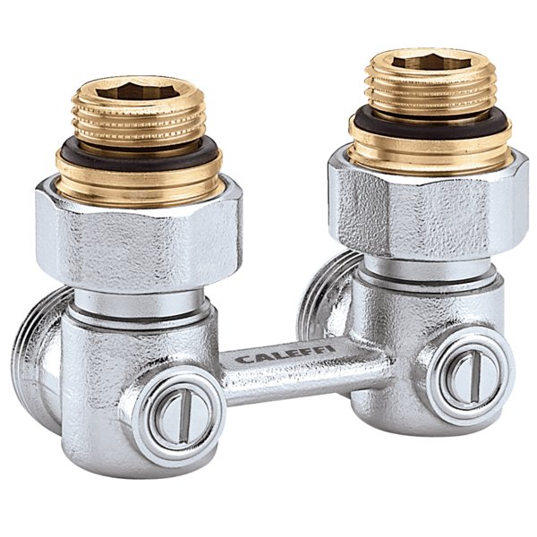 Podwójny zawór podłączeniowy do grzejników płytowych. Wersja kątowa - 1/2'' GZ