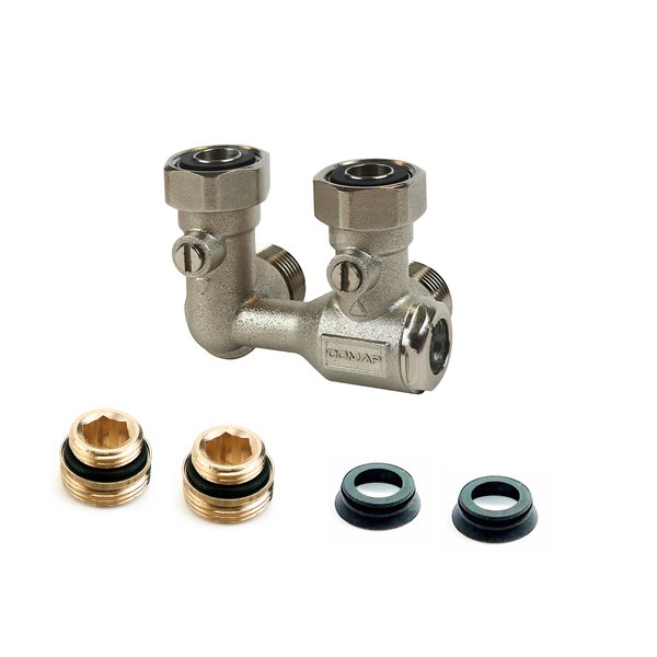 Moduł przyłączeniowy kątowy COMAP AutoSar Mod mosiądz (niklowanie) 1/2'' x 3/4'', rozstaw 50 mm do grzejników