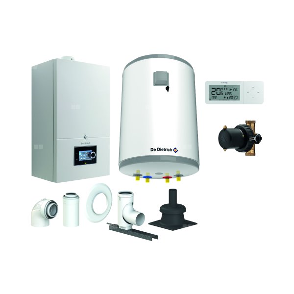 Pakiet - Kocioł gazowy jednofunkcyjny DE DIETRICH Virtuens Smart 24 kondensacyjny wiszący 3.3 - 26.1 kW + RegulatorAD248P + Zestaw powietrzno-spalinowy szachtowyBazowy PP/Alu fi 60/100 na fi 80 + Zasobnik c.w.uAQUAvie100 + Filtr magnetyczny XS90 A