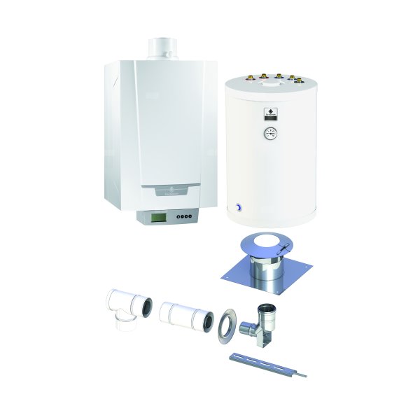 Pakiet - Kocioł gazowy jednofunkcyjny DE DIETRICH MCR3 Evo 24T kondensacyjny wiszący 6.1 - 24.8 kW + Zestaw powietrzno-spalinowy szachtowy + Zasobnik c.w.uSRK100MG