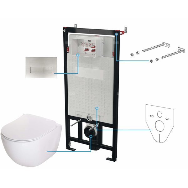 Miska wisząca peonia biała + deska + stelaż + przycisk stal szczotkowana