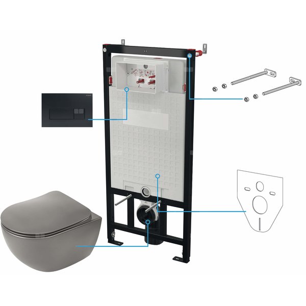 Miska wisząca peonia antracyt/titanium + deska + stelaż + przycisk nero