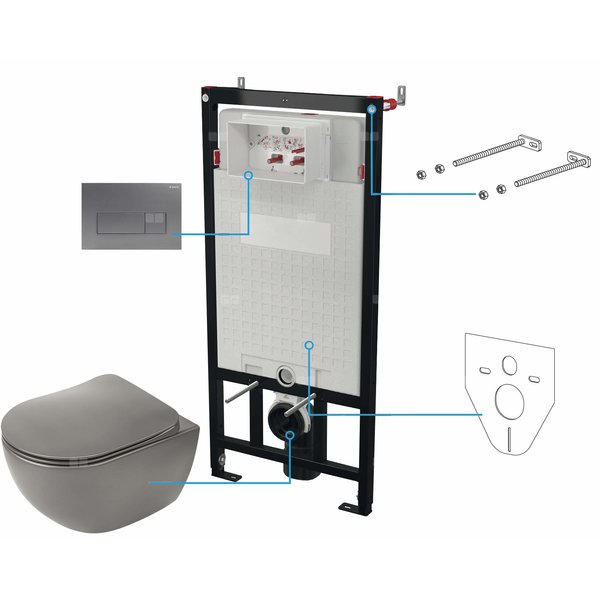 Miska wisząca peonia antracyt/titanium + deska + stelaż + przycisk titanium