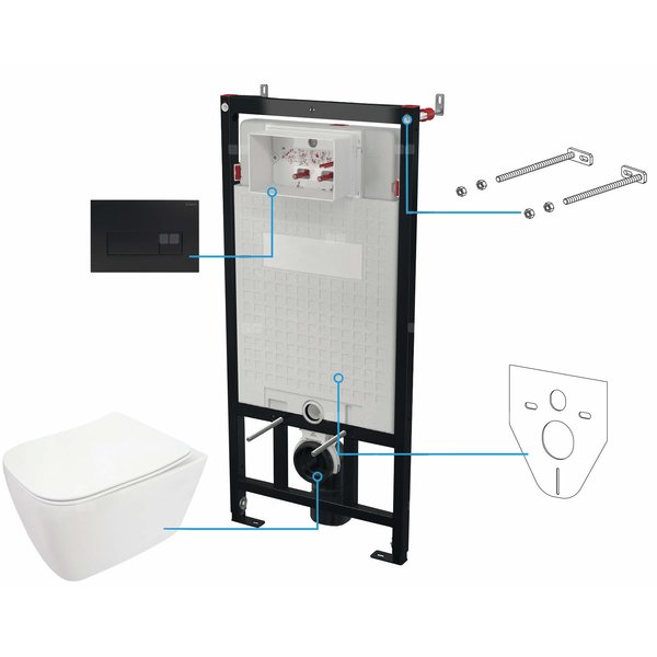 Miska wisząca hiacynt new biała + deska + stelaż + przycisk nero