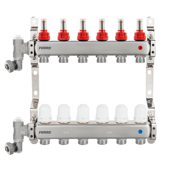 Rozdzielacz stalowy F-Comfort z zaworami termostatycznymi, przepływomierzami, ręcznym odpowietrznikiem i zaworem spustowym, 10-drogowy