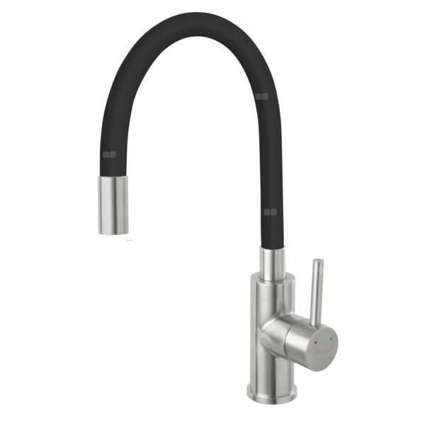 Bateria zlewozmywakowa FERRO ZUMBA INOX, kolor stal, elastyczna czarna wylewka