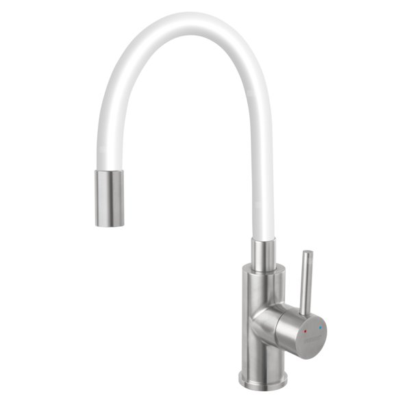 Bateria zlewozmywakowa FERRO ZUMBA INOX, kolor stal, elastyczna biała wylewka