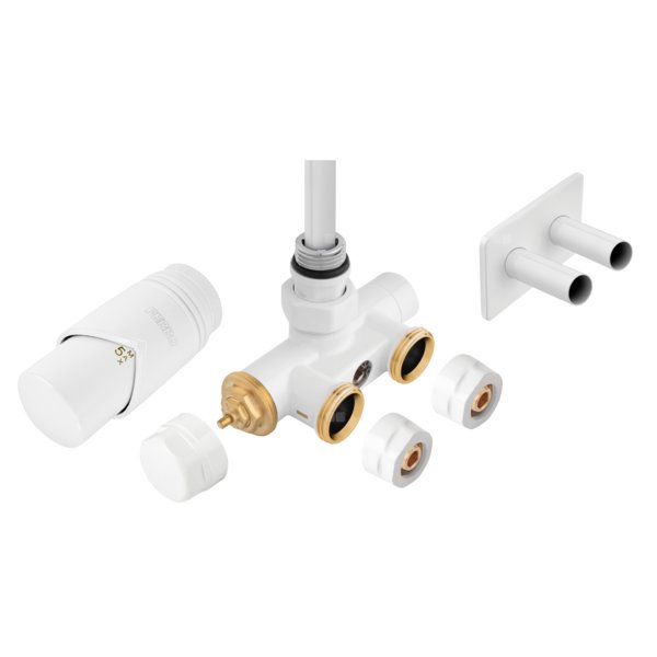 Zestaw zaworu termostatycznego zespolonego kątowego z rurką zanurzeniową, z nastawą wstępną, biały