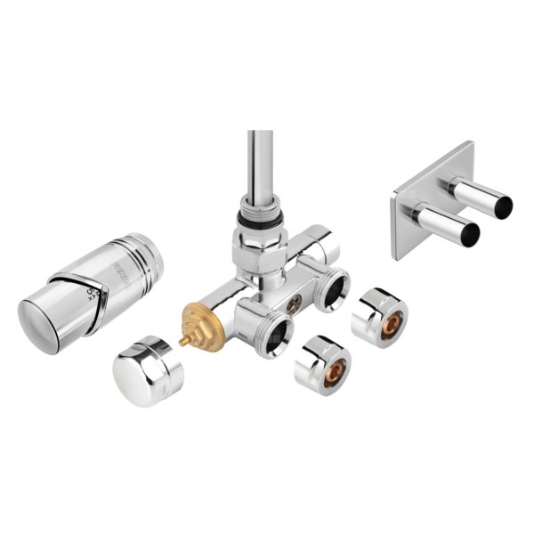 Zestaw zaworu termostatycznego zespolonego kątowego z rurką zanurzeniową, z nastawą wstępną, chrom