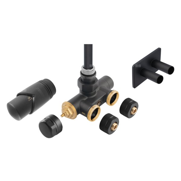 Zestaw zaworu termostatycznego zespolonego kątowego z rurką zanurzeniową, z nastawą wstępną, antracyt