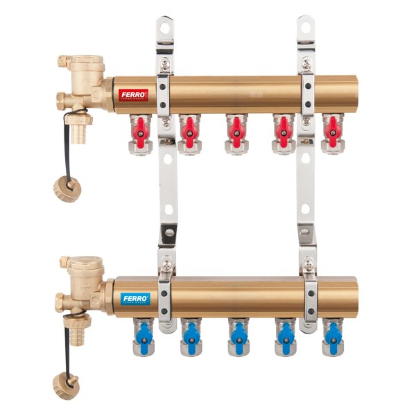 Rozdzielacz do instalacji c.o. FERRO N-RO06S mosiądz 1'', 6-obieg. GW zawór kulowy 16 x 2mm