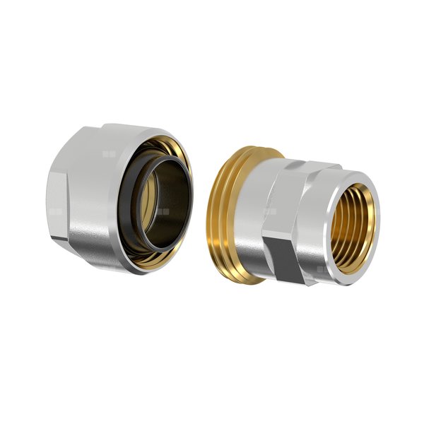 Złącze FLAMCO MEIBES PLUS DVGW dwuczęściowy, mosiądz (niklowanie) / mosiądz (niklowanie), 1 1/4'' (GW gazowy walcowy x PZ), 57 mm z uszczelką, PN10 bar