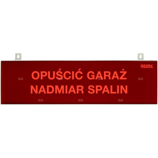 tablica ostrzegawcza "OPUŚCIĆ GARAŻ NADMIAR SPALIN", podświetlenie czerwone LED, wbudowana cicha syrenka, zasilanie 12/24V
