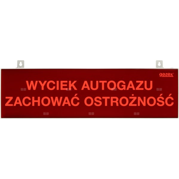 tablica ostrzegawcza "WYCIEK AUTOGAZU ZACHOWAĆ OSTROŻNOŚĆ", podświetlenie czerwone LED, wbudowana cicha syrenka, zasilanie 230V