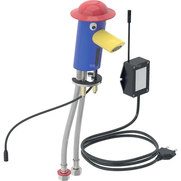 Bateria umywalkowa Geberit Bambini, zasilanie sieciowe, wielokolorowa: Mieszacz=Z mieszaczem, Osłona: czerwona, Korpus: niebieski ultramaryna, Wylot: żółty drogowy