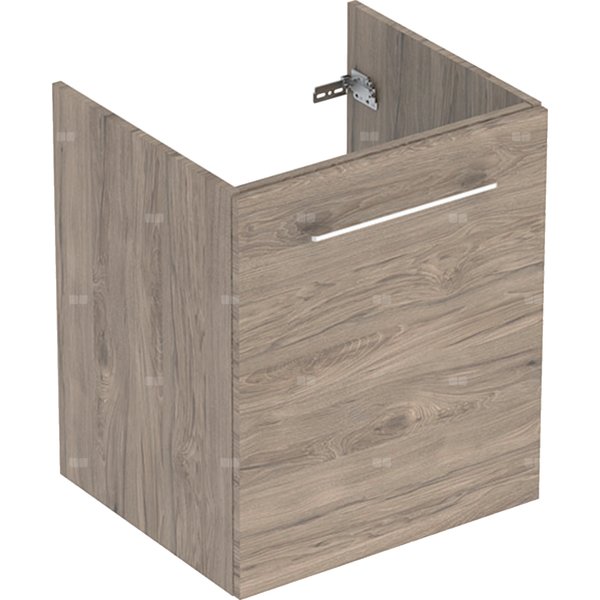 Szafka pod umywalkę meblową Geberit Selnova Square, slim, z jednymi drzwiami: B=53.8cm, Szerokość umywalki=55cm, H=63.5cm, T=50.2cm, Orzech włoski hickory / Melamina, struktura drewna