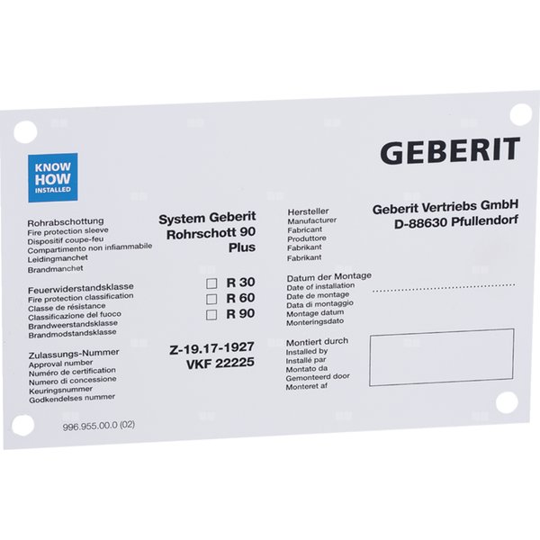 Tabliczka informacyjna Geberit dotycząca Rohrschott90 Plus