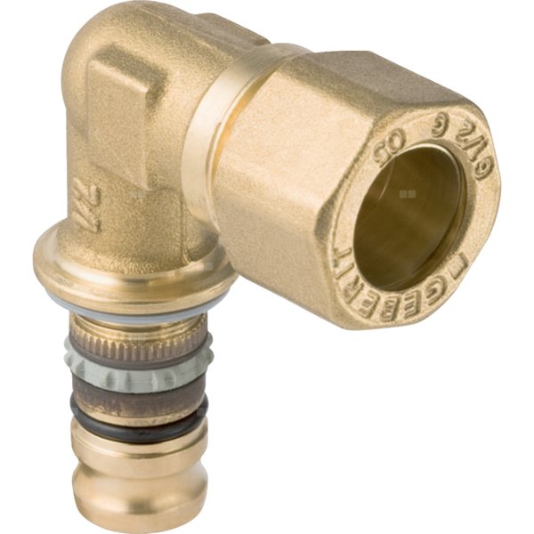 Kolano przejściowe Geberit Mepla 90' ze śrubunkiem z pierścieniem mocującym: CW617N, d=20mm, d1=15mm