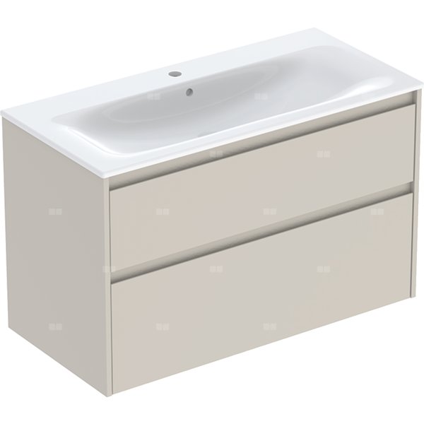 Zestaw umywalki meblowej Geberit Selnova Square, slim rim, z szafką pod umywalkę, z dwoma szufladami: 100x62.1x48cm, Szerokość umywalki=100cm, Umywalka: biały, Korpus, Front: piaskowoszary / lakierowany jedwabny mat