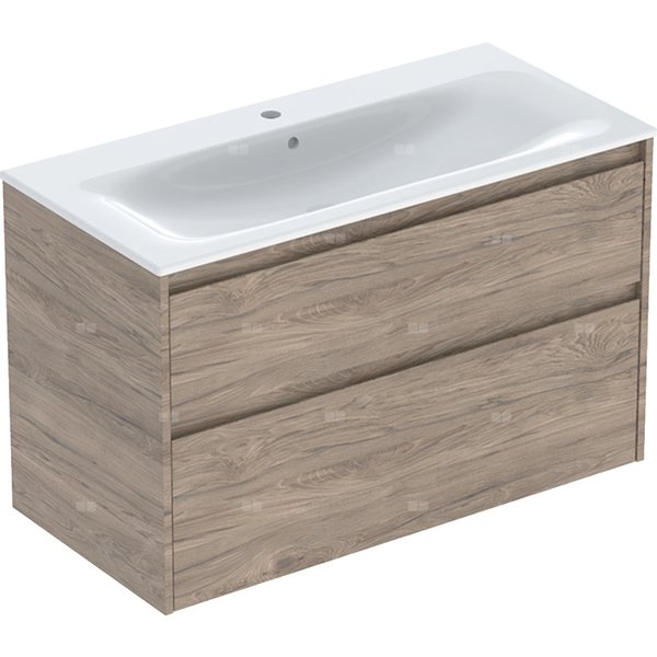 Zestaw umywalki meblowej Geberit Selnova Square, slim rim, z szafką pod umywalkę, z dwoma szufladami: 100x62.1x48cm, Szerokość umywalki=100cm, Umywalka: biały, Korpus, Front: orzech hickory / melaminowa struktura drewna
