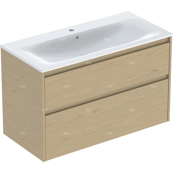 Zestaw umywalki meblowej Geberit Selnova Square, slim rim, z szafką pod umywalkę, z dwoma szufladami: 100x62.1x48cm, Szerokość umywalki=100cm, Umywalka: biały, Korpus, Front: dąb naturalny / melaminowa struktura drewna