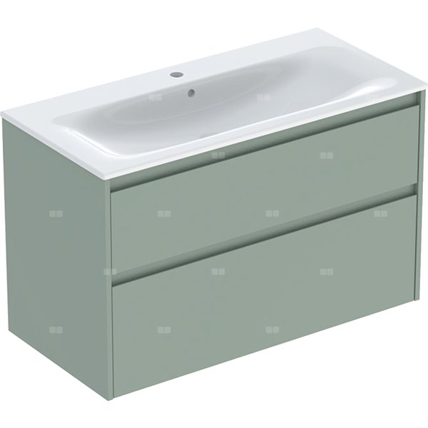 Zestaw umywalki meblowej Geberit Selnova Square, slim rim, z szafką pod umywalkę, z dwoma szufladami: 100x62.1x48cm, Szerokość umywalki=100cm, Umywalka: biały, Korpus, Front: szałwiowozielony / lakierowany jedwabny mat