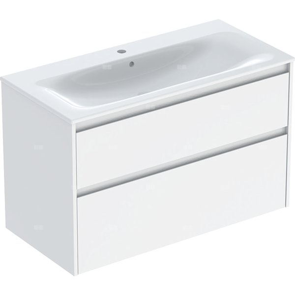 Zestaw umywalki meblowej Geberit Selnova Square, slim rim, z szafką pod umywalkę, z dwoma szufladami: 100x62.1x48cm, Szerokość umywalki=100cm, Umywalka: biały, Korpus, Front: biały / lakierowany jedwabny połysk