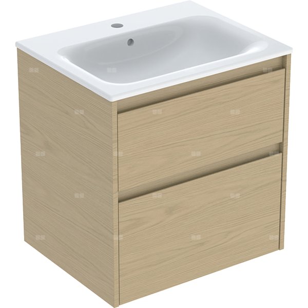 Zestaw umywalki meblowej Geberit Selnova Square, slim rim, z szafką pod umywalkę, z dwoma szufladami: 60x62.1x48cm, Szerokość umywalki=60cm, Umywalka: biały, Korpus, Front: dąb naturalny / melaminowa struktura drewna