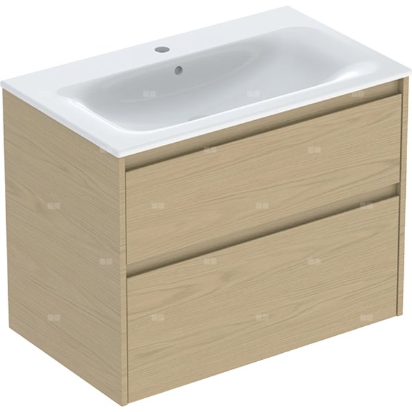 Zestaw umywalki meblowej Geberit Selnova Square, slim rim, z szafką pod umywalkę, z dwoma szufladami: 80x62.1x48cm, Szerokość umywalki=80cm, Umywalka: biały, Korpus, Front: dąb naturalny / melaminowa struktura drewna