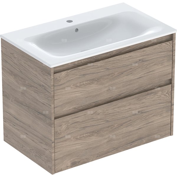 Zestaw umywalki meblowej Geberit Selnova Square, slim rim, z szafką pod umywalkę, z dwoma szufladami: 80x62.1x48cm, Szerokość umywalki=80cm, Umywalka: biały, Korpus, Front: orzech hickory / melaminowa struktura drewna