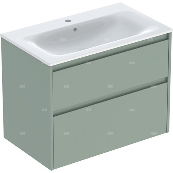 Zestaw umywalki meblowej Geberit Selnova Square, slim rim, z szafką pod umywalkę, z dwoma szufladami: 80x62.1x48cm, Szerokość umywalki=80cm, Umywalka: biały, Korpus, Front: szałwiowozielony / lakierowany jedwabny mat