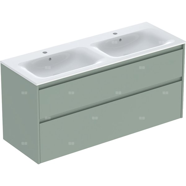 Zestaw podwójnej umywalki meblowej Geberit Selnova Square, slim rim, z szafką pod umywalkę, z dwoma szufladami: 130x62.1x48cm, Szerokość umywalki=130cm, Umywalka: biały, Korpus, Front: szałwiowozielony / lakierowany jedwabny mat