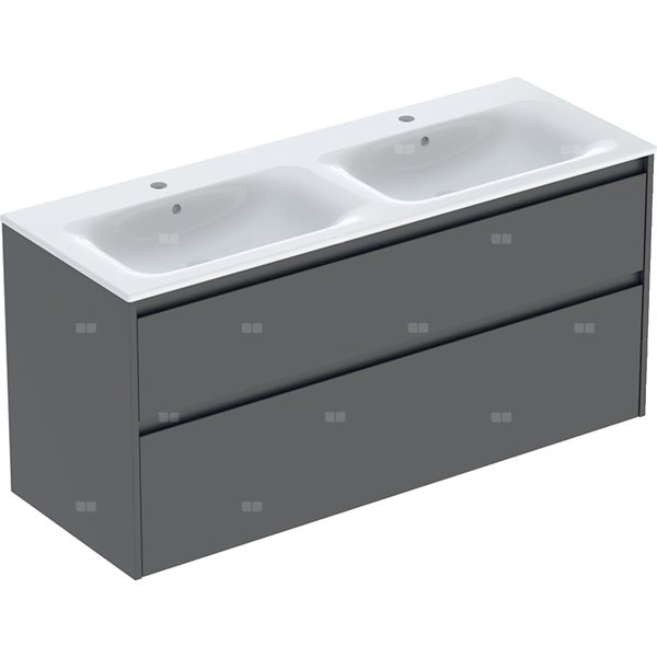 Zestaw podwójnej umywalki meblowej Geberit Selnova Square, slim rim, z szafką pod umywalkę, z dwoma szufladami: 130x62.1x48cm, Szerokość umywalki=130cm, Umywalka: biały, Korpus, Front: lava / lakierowany jedwabny mat