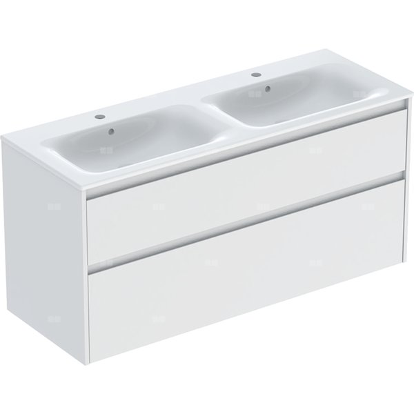 Zestaw podwójnej umywalki meblowej Geberit Selnova Square, slim rim, z szafką pod umywalkę, z dwoma szufladami: 130x62.1x48cm, Szerokość umywalki=130cm, Umywalka: biały, Korpus, Front: biały / lakierowany jedwabny mat