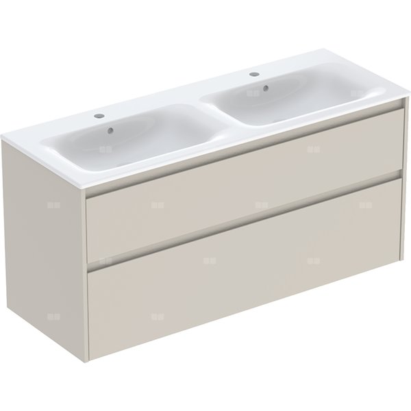 Zestaw podwójnej umywalki meblowej Geberit Selnova Square, slim rim, z szafką pod umywalkę, z dwoma szufladami: 130x62.1x48cm, Szerokość umywalki=130cm, Umywalka: biały, Korpus, Front: piaskowoszary / lakierowany jedwabny mat