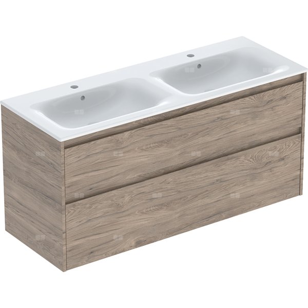 Zestaw podwójnej umywalki meblowej Geberit Selnova Square, slim rim, z szafką pod umywalkę, z dwoma szufladami: 130x62.1x48cm, Szerokość umywalki=130cm, Umywalka: biały, Korpus, Front: orzech hickory / melaminowa struktura drewna