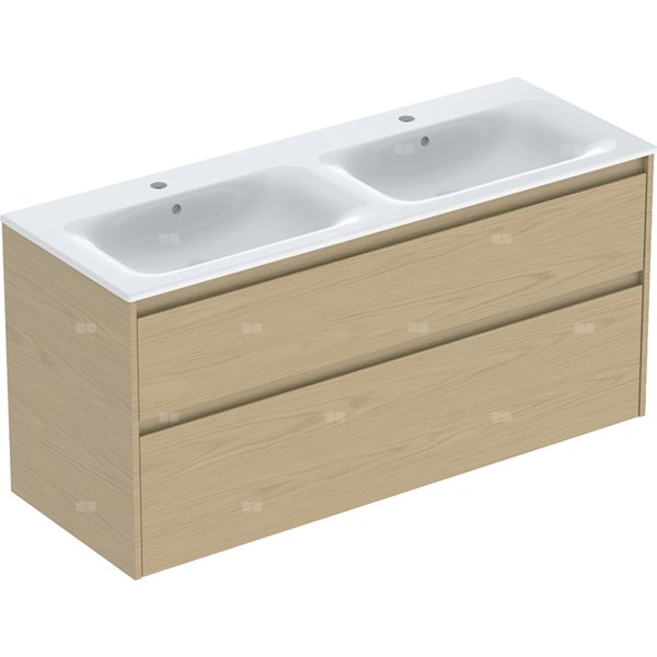Zestaw podwójnej umywalki meblowej Geberit Selnova Square, slim rim, z szafką pod umywalkę, z dwoma szufladami: 130x62.1x48cm, Szerokość umywalki=130cm, Umywalka: biały, Korpus, Front: dąb naturalny / melaminowa struktura drewna