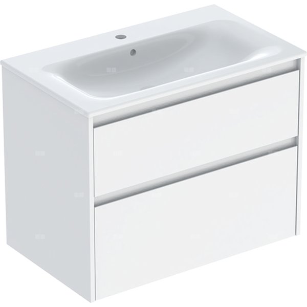 Zestaw umywalki meblowej Geberit Selnova Square, slim rim, z szafką pod umywalkę, z dwoma szufladami: 80x62.1x48cm, Szerokość umywalki=80cm, Umywalka: biały, Korpus, Front: biały / lakierowany jedwabny połysk