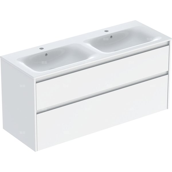Zestaw podwójnej umywalki meblowej Geberit Selnova Square, slim rim, z szafką pod umywalkę, z dwoma szufladami: 130x62.1x48cm, Szerokość umywalki=130cm, Umywalka: biały, Korpus, Front: biały / lakierowany jedwabny połysk