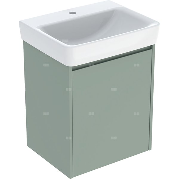 Zestaw umywalki Geberit Selnova Square z szafką pod umywalkę, z jednymi drzwiami: 55x69.7x44cm, Szerokość umywalki=55cm, Umywalka: biały, Korpus, Front: szałwiowozielony / lakierowany jedwabny mat