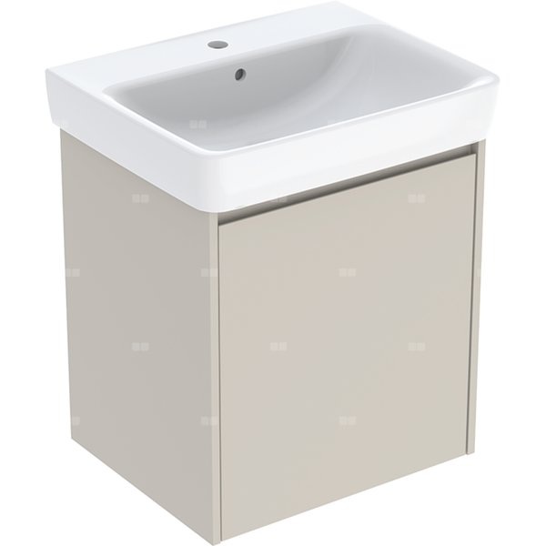 Zestaw umywalki Geberit Selnova Square z szafką pod umywalkę, z jednymi drzwiami: 60x69.7x48cm, Szerokość umywalki=60cm, Umywalka: biały, Korpus, Front: piaskowoszary / lakierowany jedwabny mat