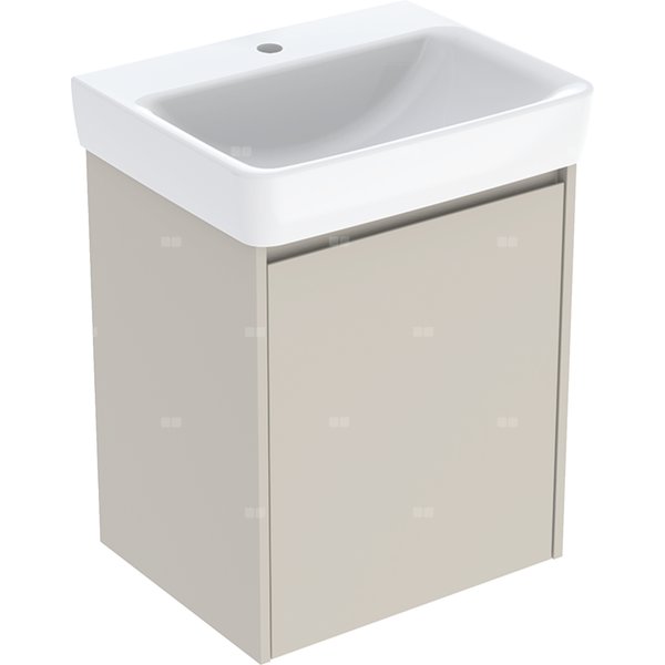 Zestaw umywalki Geberit Selnova Square z szafką pod umywalkę, z jednymi drzwiami: 55x69.7x44cm, Szerokość umywalki=55cm, Umywalka: biały, Korpus, Front: piaskowoszary / lakierowany jedwabny mat