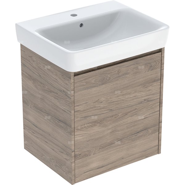 Zestaw umywalki Geberit Selnova Square z szafką pod umywalkę, z jednymi drzwiami: 60x69.7x48cm, Szerokość umywalki=60cm, Umywalka: biały, Korpus, Front: orzech hickory / melaminowa struktura drewna